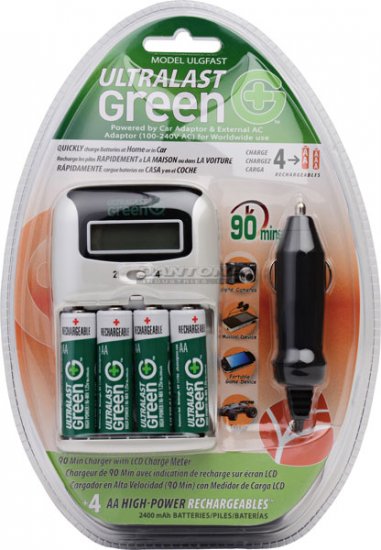 Ultralast 90 Minute Charger w/AA 4-Pack 1.2V Rechargeable NI-MH
