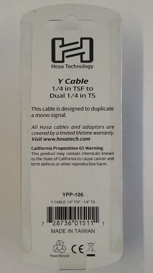 6" Y Cable 1/4in TSF to Dual 1/4in TS