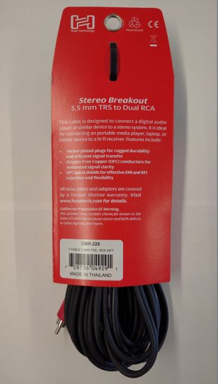 25Ft Stereo Breakout Cable 3.5mm TRS to Dual RCA