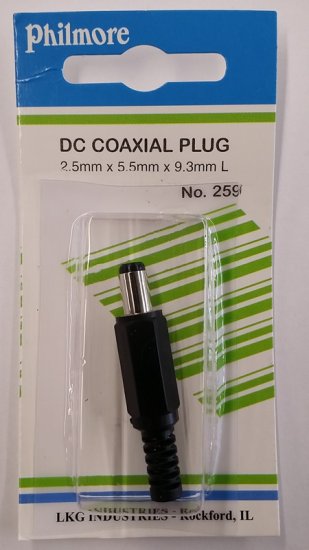 Size N 5.5/2.5mm Coaxial DC Power Plug Inline with Strain Relief