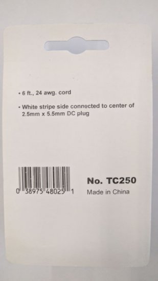 Size N 5.5/2.5mm 90° Coaxial DC Power Plug In-Line 6' Lead 24Awg