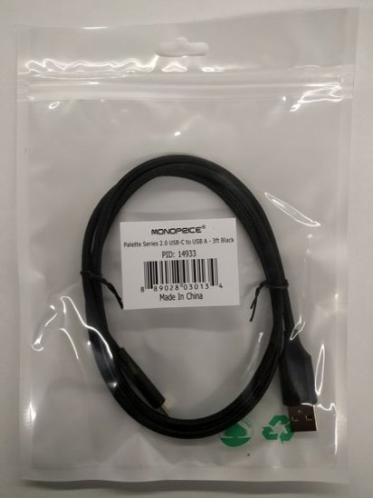 3Ft USB Type C to USB-A 2.0 Cable - 480Mbps, 2.4A, Braided Black