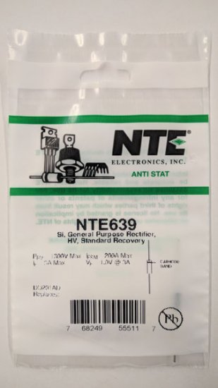NTE639 GenPurp Si Rect Hi Voltage Std Recovery 1300V 3A DO-201AD
