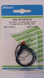 Green 125VAC Snap In Panel Lamp 5mm LED 20mA with 6" Leads
