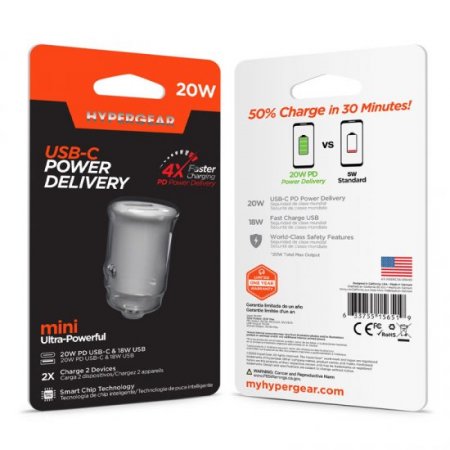 Mini 20W USB-C PD + 18W USB Fast Car Charger | White