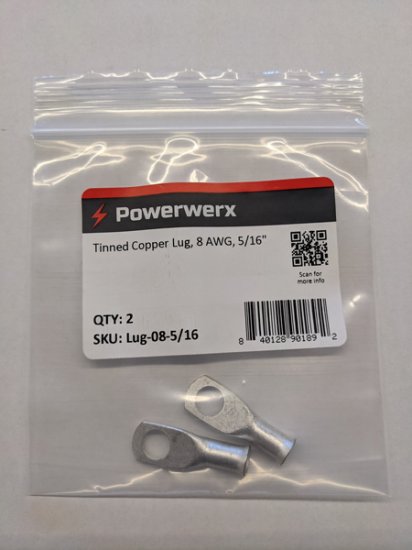 Tinned Copper Lug, 8 Awg, 5/16", 2Pk