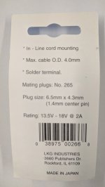 Size T 6.5/4.3/1.4mm Coaxial DC Power Jack Inline