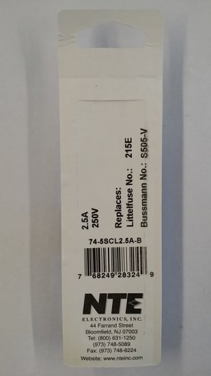 2.5 Amp (S505-V) Axial Ceramic Fuse 5Pk Slow Blow 5x20mm