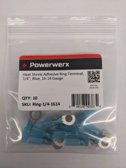 Heat Shrink Adhesive Ring Terminal, 1/4", Blue, 16-14 Awg 10Pk