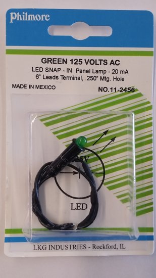 Green 125VAC Snap In Panel Lamp 5mm LED 20mA with 6" Leads