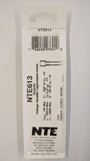 NTE613 Varactor Diode, Tuning Diode, 22pf@4V, 30V, 200mA