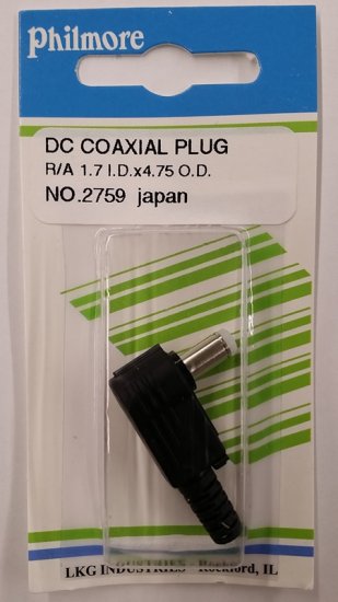 Size C 4.75/1.7mm 90° Coaxial DC Power Plug Inline