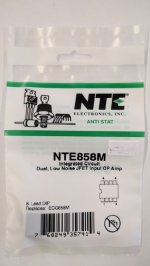 NTE858M IC, Dual, Low-Noise JFET-Input Op-Amp, 8-Lead Mini DIP
