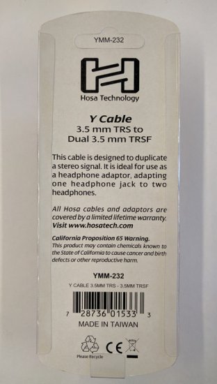 6" Y Cable, 3.5 mm TRSM to Dual 3.5mm TRSF