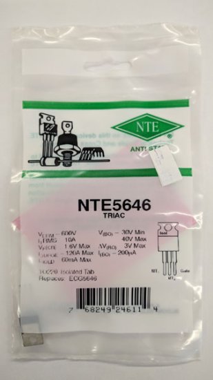 NTE5646 TRIAC, 600V 10A, TO-220 Isolated Tab, Internal Triggered