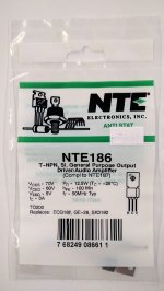 NTE186 T-NPN, Si, Gen Pur Output Drv/Audio Amp (Compl to NTE187)