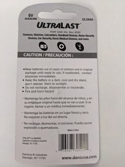 A544 UltraLast 6V Alkaline Cylindrical Cell Battery