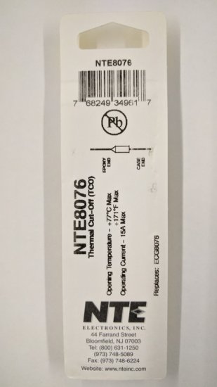 NTE8076 Thermal Fuse 77°C/171°F 15A Axial