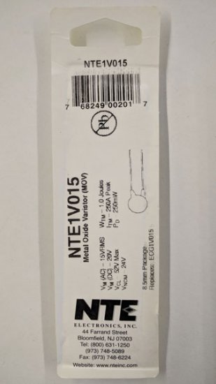 NTE1V015 MOV 15V RMS, 8.5mm, 1.0 Joules, ITM=250A, VCL=52V