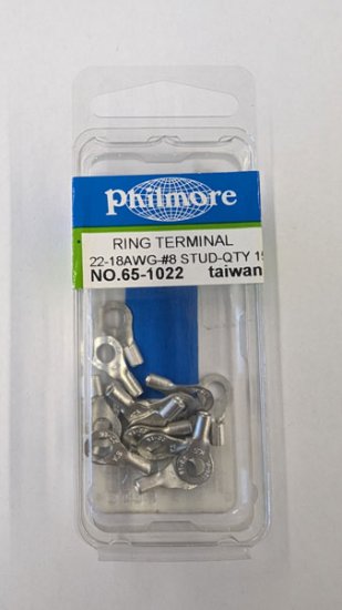 Ring Terminal Non-Insulated 22-18Awg #8 Stud (15Pk)