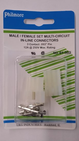 3 Pin Male/Female Pair 0.093" Pins 12A Mated Housings (Molex)