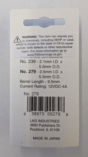 DC Power Plug "N" 5.5/2.5mm w/Strain Relief Secured Contacts