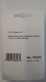 Size C 4.75/1.7mm 90° Coaxial DC Power Plug 6Ft Lead 24Awg