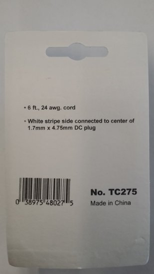 Size C 4.75/1.7mm 90° Coaxial DC Power Plug 6Ft Lead 24Awg