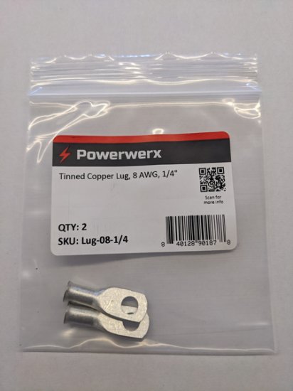 Tinned Copper Lug, 8 Awg, 1/4", 2Pk