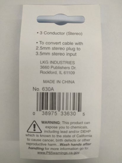 (2.5mm) 3/32" Stereo Jack to (3.5mm) 1/8" Stereo Plug Adaptor