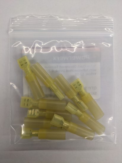 Nylon Q.D. w/Adhesive Heat Shrink, 0.25", Yellow, 12-10 Awg 10Pk