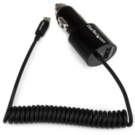 Dual-Port Car Charger USB with Built-in Micro-USB Cable - Black