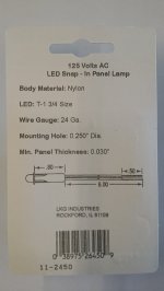Green 125VAC Snap In Panel Lamp 5mm LED 20mA with 6" Leads