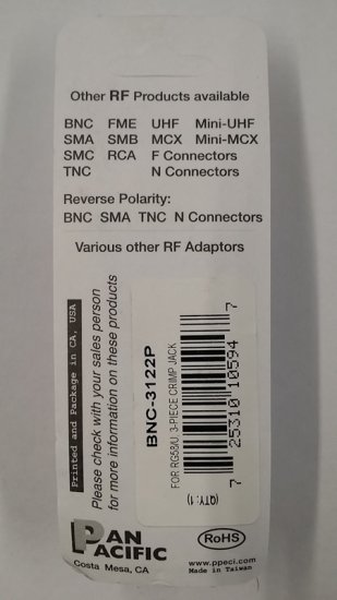BNC Jack 3-Piece Crimp-On RG-58/U