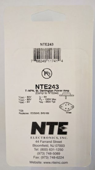 NTE243 T-NPN, Si, Darlington Power amp (Compl to NTE244)