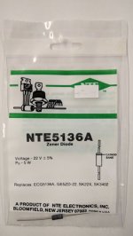 NTE5136A Zener Diode 22.0V 5W Axial Leaded