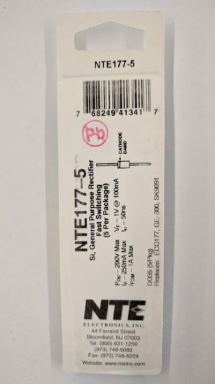 NTE177-5 Diode Si, 200V 0.25A Gen Purp Rect Fast Switching (5Pk)