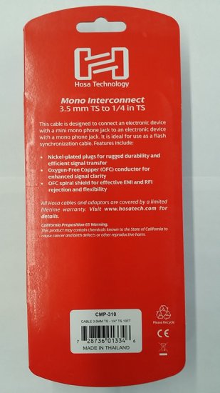 10Ft Mono Interconnect Cable 3.5mm TS to 1/4in TS