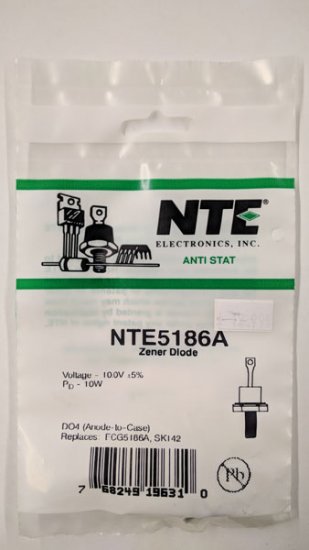 NTE5186A Zener Diode 10.0V 10W, DO-4 Anode Case