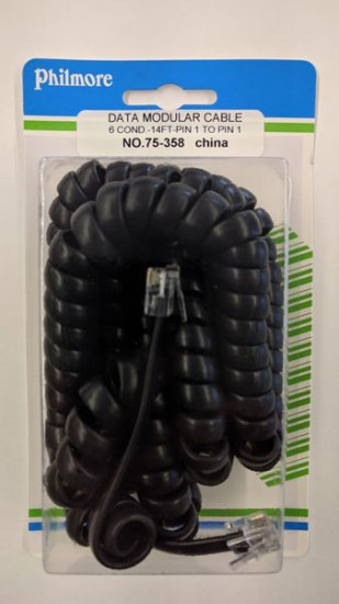 14Ft Black Coiled Data Interconnect Cable (6P6C) For Data Pin1-1