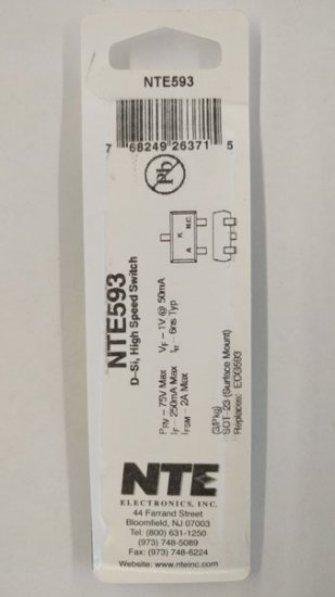 NTE593 Diode, Si, 75V, 0.25A, 6NS, SOT-23 Surface Mount (3Pk)