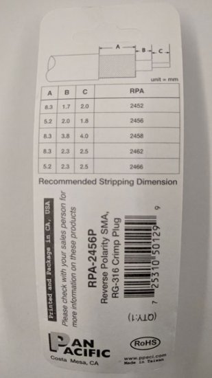 RP-SMA Plug 3-Piece Crimp-On RG-174/U RG-316/U (Gold)