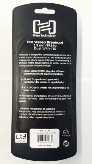 10Ft Pro Stereo Breakout Cable REAN 3.5mm TRS to Dual 1/4in TS