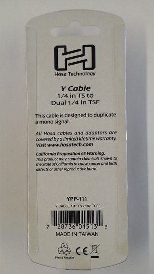 6" Y Cable 1/4 in TS to Dual 1/4 in TSF