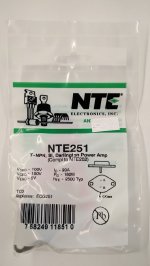 NTE251 T-NPN, Si, Darlington Power Amp (Compl to NTE252)