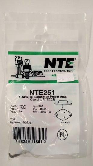NTE251 T-NPN, Si, Darlington Power Amp (Compl to NTE252)