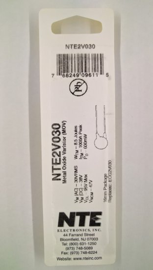 NTE2V030 MOV 30V RMS, 16mm, 8.5 Joules, ITM=1000A, VCL=95V