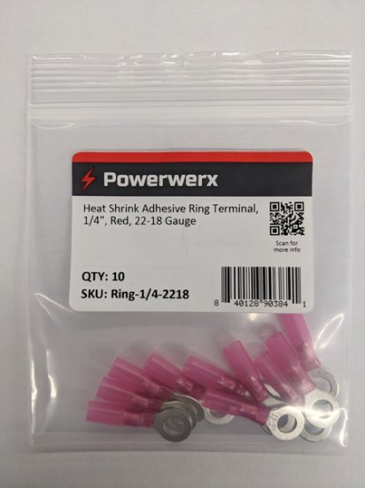 Heat Shrink Adhesive Ring Terminal, 1/4", Red, 22-18 Awg 10Pk