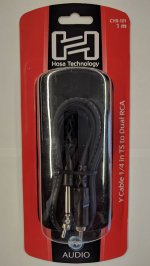 3.3Ft (1m) Y Cable, 1/4in TS Male to Dual RCA Male