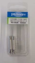 20 Amp 3AB Ceramic Fuse (2Pk) Fast Acting 1/4"x1-1/4"
